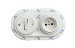 Keramická dvojnásobná zásuvka/vypínač, bílá malovaná, POMNĚNKY