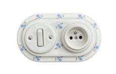 Keramická dvojnásobná zásuvka / vypínač, biela maľovaná, NEZÁBUDKY